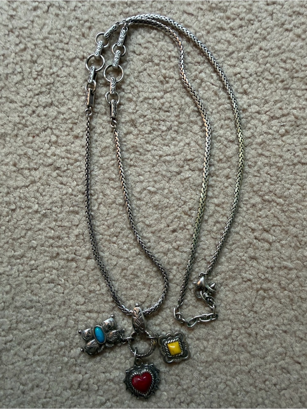 Brighton Southwestern Charm Necklace Silver Tone Turquoise Heart Dangle 18” EUC